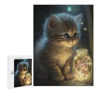 Adult Jigsaw Puzzles 500 PCS Magical Kitten with Glowing Jar Jigsaw Puzzles for Adults Stress Reliever Challenging To Complete Brainteaser Family Games 500 PCS