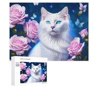 Adult Jigsaw Puzzles 500 PCS Magical White Cat with Pink Roses Jigsaw for Adults Relax Games Presents for Women Birthday Present, Gifts, 500 PCS