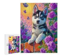 Adult Jigsaw Puzzles 500 PCS Painted Husky with Flowers -2 Jigsaw Puzzles for Adults Stress Reliever Challenging To Complete Brainteaser Family Games 500 PCS