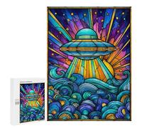 Adult Jigsaw Puzzles 500 PCS Stained Glass UFO Art Print-1 Jigsaw Puzzles for Adults Stress Reliever Challenging To Complete Brainteaser Family Games 500 PCS