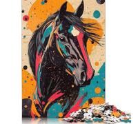 Adult Jigsaw Puzzles 500 Pieces Abstract Horse Portrait Neon Mustang Horse Vibrant Horse Wall Art Wooden Puzzles Unique Home Decor And Gifts 500pcs (52x38cm)