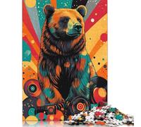 Adult Jigsaw Puzzles 500 Pieces Bear with Vinyl Records Retro Psychedelic Bear Print Puzzles for Teenagers Gifts Home Educational Games DIY Toys 500pcs (52x38cm)