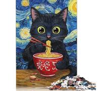 Adult Jigsaw Puzzles 500 Pieces Black Cat Eating Ramen Van Gogh Style Wood Puzzle Jigsaws for Adults Teenagers Age 14+ 500pcs (52x38cm)
