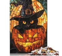 Adult Jigsaw Puzzles 500 Pieces Black Cat In Pumpkin Stained Glass Wooden Puzzle Jigsaws for Adults Jigsaw Puzzles for Adults 500pcs (52x38cm)