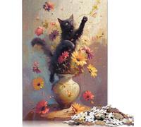 Adult Jigsaw Puzzles 500 Pieces Black Cat Jumping Flowers Puzzles for Adults & Teenager For Family Fun & Game Night 500pcs (52x38cm)
