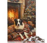 Adult Jigsaw Puzzles 500 Pieces Border Collie in Christmas Sweater by Fireplace Christmas Dog Wall Art Wood Puzzle Jigsaws for Adults Teenagers Age 14+ 500pcs (52x38cm)