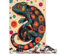 Adult Jigsaw Puzzles 500 Pieces Chameleon Poster with Vinyl Record Vibrant Chameleon DJ Vinyl Record Art Unique Wall Decor Puzzles for Adults & Teenager For Family Fun & Game Night 500pcs (52x38cm)
