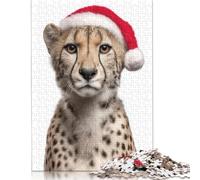 Adult Jigsaw Puzzles 500 Pieces Cheetah Cub with Christmas Santa Hat Puzzles for Adults & Teenager Educational Games 500pcs (52x38cm)