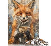 Adult Jigsaw Puzzles 500 Pieces Evil Laugh Fox Coffee Tea Wood Puzzle Jigsaws for Adults Teenagers Age 14+ 500pcs (52x38cm)