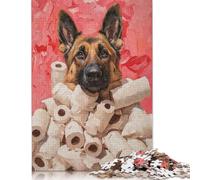 Adult Jigsaw Puzzles 500 Pieces German Shepherd with Toilet Paper Painting German Shepherd Toilet Paper Print Wood Puzzle Jigsaws for Adults Teenagers Age 14+ 500pcs (52x38cm)