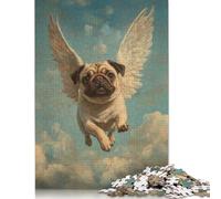 Adult Jigsaw Puzzles 500 Pieces Pug Angel Dog Loss Tribute Print Flying Pug with Wings Wood Puzzle Jigsaws for Adults Teenagers Age 14+ 500pcs (52x38cm)