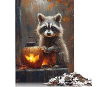 Adult Jigsaw Puzzles 500 Pieces Raccoon with Halloween Pumpkin Wooden Puzzle for Adults And Teenager Sustainable Puzzle for Adults | Games 500pcs (52x38cm)