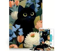 Adult Jigsaw Puzzles1000 Pieces Black Cat Among Flowers Illustration Tight Cut Fun Brain Game Gift Relax Fun Time Christmas Wall Art (50x75cm)