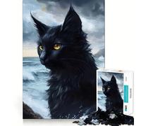 Adult Jigsaw Puzzles1000 Pieces Black Cat by The Sea Tight Cut Fun Brain Game Gift Relax Fun Time Christmas Wall Art (38x26cm)