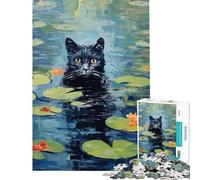 Adult Jigsaw Puzzles1000 Pieces Black Cat in Waterlilies Brain Teaser Game Brain Intelligence Challenge Addictive Toys Great Gifts A Work of Art (Size 38x26cm)