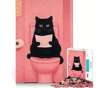 Adult Jigsaw Puzzles1000 Pieces Black Cat Reading on Toilet Fine Cut Art, Problem Solve Fun, Cozy Time Play, Christmas Wall Art (38x26cm)