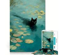 Adult Jigsaw Puzzles1000 Pieces Black Cat Swimming in Lily Pond Fine Cut Art, Problem Solve Fun, Cozy Time Play, Christmas Wall Art (50x75cm)