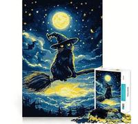Adult Jigsaw Puzzles1000 Pieces Black Cat Witch on Broom Fine Cut Art, Problem Solve Fun, Cozy Time Play, Christmas Wall Art (50x75cm)