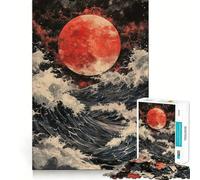 Adult Jigsaw Puzzles1000 Pieces Blood Moon Over Waves Fine Cut Art, Problem Solve Fun, Cozy Time Play, Christmas Wall Art (38x52cm)