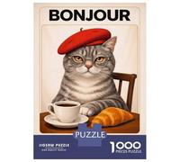 Adult Jigsaw Puzzles1000 Pieces Bonjour Mon Amour Cat Jigsaw Puzzle Brain Teaser Game Presents for Women Challenging Game Gifts 52x38cm/1000pcs