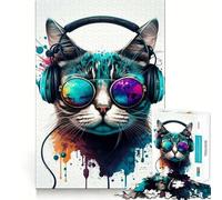 Adult Jigsaw Puzzles1000 Pieces Cat Headphone Dj Music Premium Cut Fun Logic Fun Toy Easy Time Play Christmas Wall Art (38x52cm)