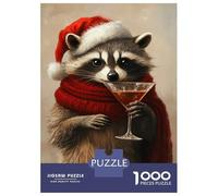 Adult Jigsaw Puzzles1000 Pieces Raccoon in Santa Hat with Cocktail-2 Puzzle for Adults DIY Toys Perfect Decoration Unique Birthday And Xmas Gifts 70x50cm/1000pcs