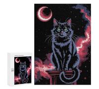 Adult Jigsaw Puzzles300 PCS Black Cat Under Crescent Moon Art Adult Puzzles Toy Wall Decor Difficult Challenge Unique Birthday And Xmas Gifts 300 PCS