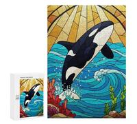 Adult Jigsaw Puzzles300 PCS Orca Stained Glass Style Illustration Adult Puzzles Toy Wall Decor Difficult Challenge Unique Birthday And Xmas Gifts 300 PCS