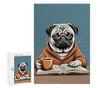 Adult Jigsaw Puzzles300 PCS Pug Drink Coffee Read Book Adult Puzzles Toy Wall Decor Difficult Challenge Unique Birthday And Xmas Gifts 300 PCS