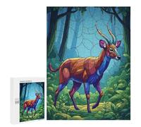 Adult Jigsaw Puzzles500 PCS Stained Glass Antelope in Forest Adult Puzzles Toy Wall Decor Difficult Challenge Unique Birthday And Xmas Gifts 500 PCS
