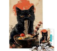 Adult Jigsaw1000 Pieces Black Cat Eating Ramen Fun at Home Activities, Home Decoration Impossible Game Suitable for People Aged 14 And Above (50x75cm)