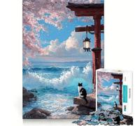 Adult Jigsaw1000 Pieces Cat by Torii Gate And Ocean Precise Fit Game Smart Brain Toy Free Time Play Birthday Mind Gift (38x26cm)