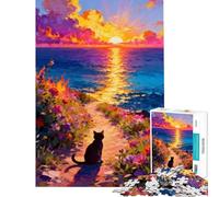 Adult Jigsaw1000 Pieces Cat Watching Sunset by The Sea Help The Brain Exercise Birthday Present Home Decoration Toys Suitable for People Aged 14 And Above (50x75cm)
