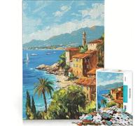 Adult Jigsaw1000 Pieces Coastal Town Painting with Sailboat, Practical Game, Challenging To Complete, Artists' Collection, Fine Arts 38x52cm