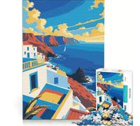 Adult Jigsaw1000 Pieces Coastal Village Landscape Illustration, Hands-on Game, Difficult And Challenge, Deal As Gifts for The Whole Family 38x26cm