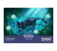 Adult Jigsaw1000 Pieces Ethereal Black Cat Swimming in Bioluminescent Turquoise Water Lily Pond Adult Jigsaw Puzzle Hands-on Game Perfect Decoration Unique Gifts for Birthday And Christmas 70x50cm/100