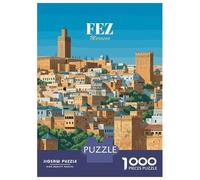 Adult Jigsaw1000 Pieces Fez, Morocco Cityscape Illustration Jigsaw for Adults Brain Teaser Game Perfect Decoration Unique Gifts for Birthday And Christmas 52x38cm/1000pcs