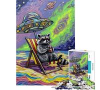 Adult Jigsaw1000 Pieces Raccoon Beach Vacation Under UFO Jigsaw for Adults Relaxing Games Precision Cutting Unique Gifts for Birthday And Christmas (Size 38x52cm)