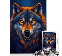 Adult Jigsaw1000 Pieces Staring Wolf Portrait with Blue And Orange Fur Puzzle For Teenagers Difficult Hard Educational Challenge Birthday Present,Travel Gifts, (38x26cm)
