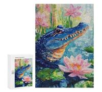 Adult Jigsaw300 PCS Blue Alligator with Lotus Flowers Adult Jigsaw Puzzles Staycation Kill Time Fun Activities at Home Gifts for Friends And Family 300 PCS