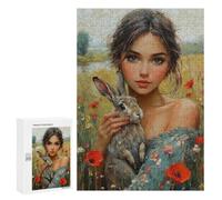 Adult Jigsaw300 PCS Girl with Rabbit in Field-5 Adult Jigsaw Puzzles Staycation Kill Time Fun Activities at Home Gifts for Friends And Family 300 PCS
