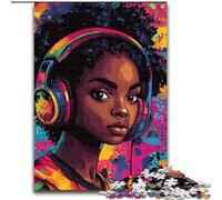 Adult Jigsaws 1000 Piece Black Girl Listening to Music, Brain Teaser For Wall Decoration Unique Birthday And Xmas Gifts for for Age 14 (Size 26x38cm)