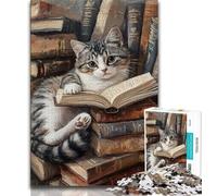 Adult Jigsaws 1000 Piece Cat Reading A Book,Stress Reliever Difficult Challenge Every Piece Is Unique - Challenging Family Fun Game (75x50cm)