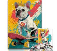 Adult Jigsaws 1000 Piece French Bulldog Skateboarding,Stress Reliever Difficult Challenge Every Piece Is Unique - Challenging Family Fun Game (38x26cm)