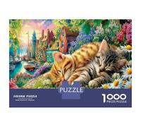 Adult Jigsaws 1000 Piece Garden Cozy Blooms - Eco-friendly Paper Concentration Training Puzzle Sleeping Cats Garden & Best Gift for Puzzle Lovers 70x50cm/1000pcs
