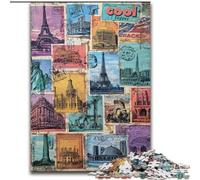 Adult Jigsaws 1000 Piece Paris Stamp Collage, Game Toys Every Piece Is Unique - Challenging Family Fun Game for for Age 14 (Size 50x75cm)