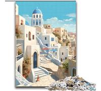 Adult Jigsaws 1000 Piece Santorini Greece Travel Challenging To Complete But Fun And Humorous with Matching Poster And Trivia Sheet (38x52cm) 1000pcs