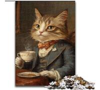 Adult Jigsaws 1000 Pieces Difficult Cat Drinking Coffee,Educational Games Home Decoration Educational Game for Birthday,Chrismas 50x75cm