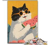 Adult Jigsaws 1000 Pieces Difficult Cat Eating Watermelon, Game Toys Every Piece Is Unique - Challenging Family Fun Game for for Age 14 (Size 26x38cm)