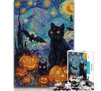 Adult Jigsaws 1000 Pieces Difficult Halloween Black Cat,Stress Reliever Difficult Challenge with Matching Poster And Trivia Sheet 38x26cm